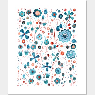 Teal Watercolor Flower Mashup Posters and Art